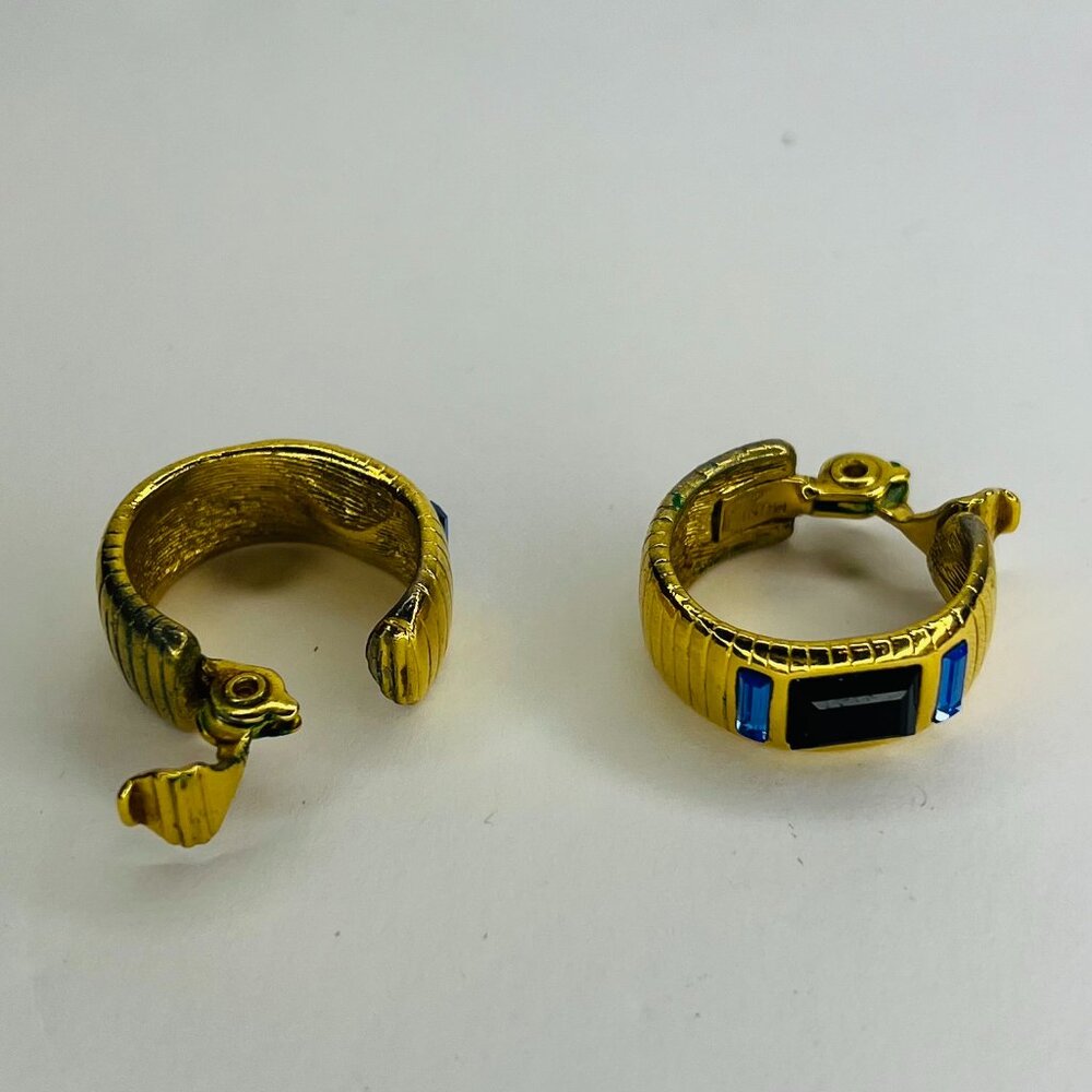 Gold-Toned Hoop with Black and Blue Rectangular stone Earrings